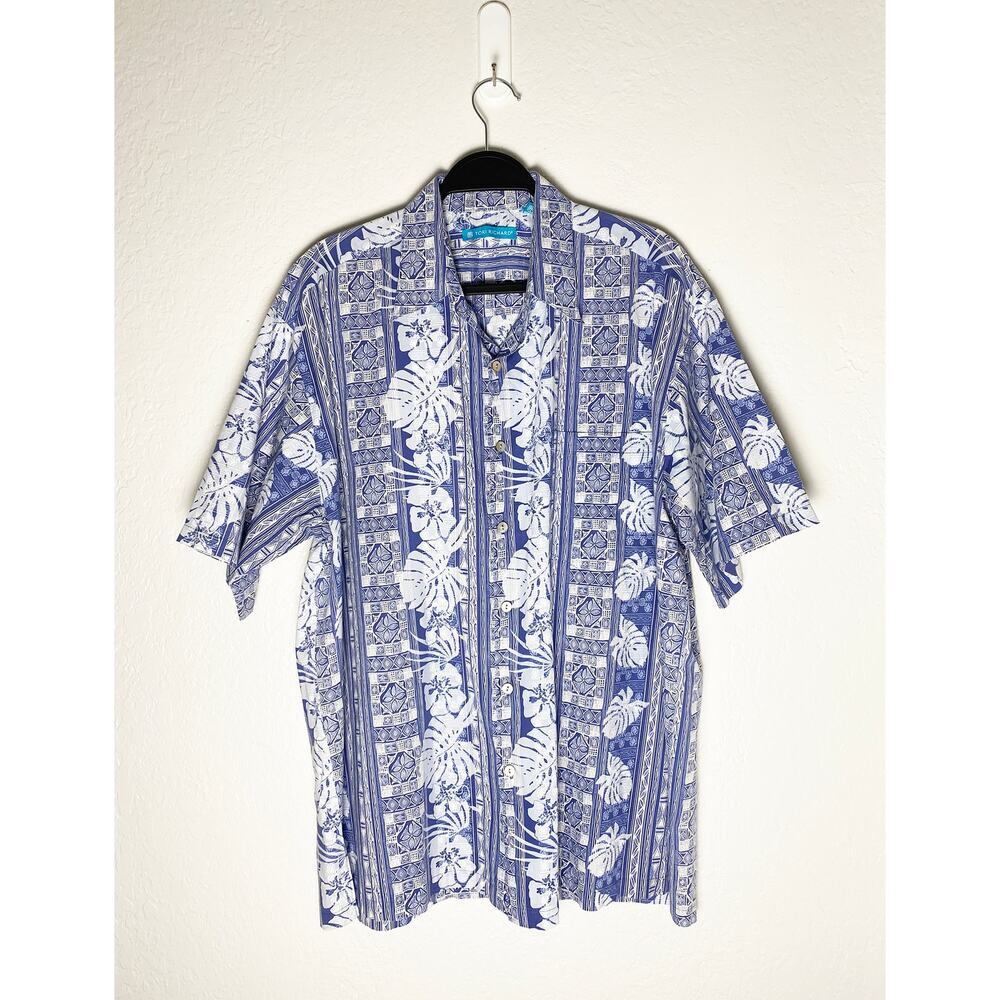 Tori Richard Men's Hawaiian Cotton Button Up Blue White Hibiscus Tribal Print L